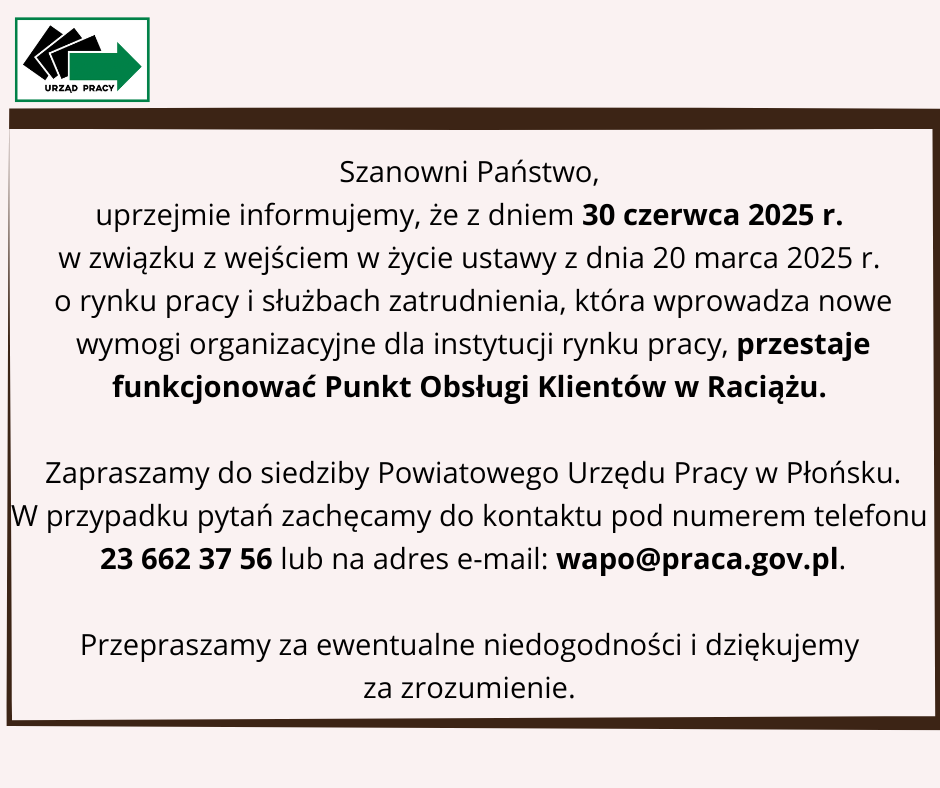 Zdjęcie artykułu Informacja o zamknięciu Punktu Obsługi Klientów w Raciążu